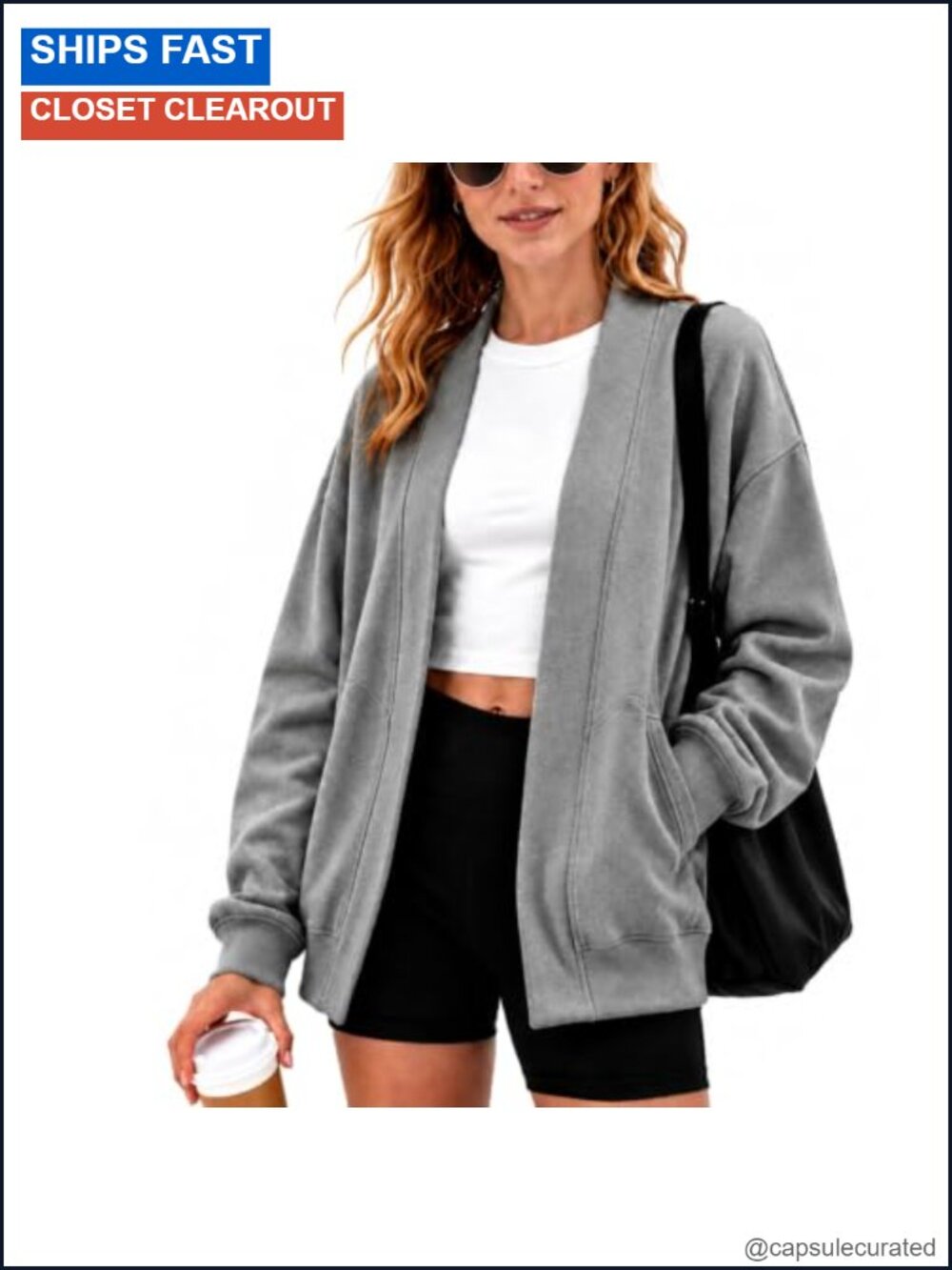 Oversized Cotton Blend Open Front Cardigan Sweatshirt with Pockets